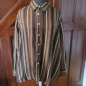 Jones New York Signature Brown & Beige Striped Silk Button-Up Blouse 2X